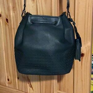 Tumi Noho Georgie Green Woven Leather Drawstring Adjustable Bucket Bag Purse